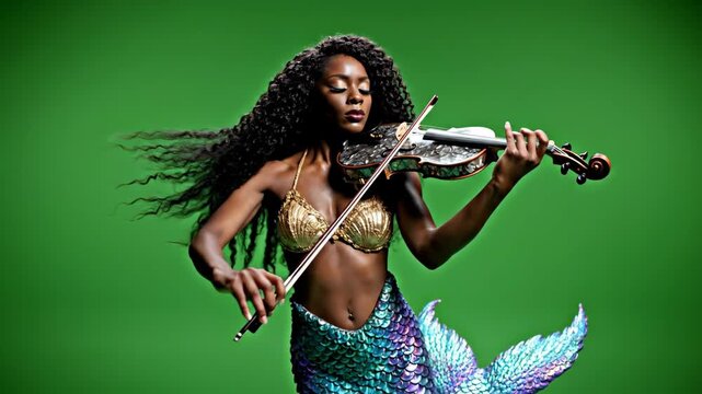 Enchanting mermaid playing captivating violin music in ocean depths or a magical concert, offering a unique fantasy scene for film, ads, or music videos
