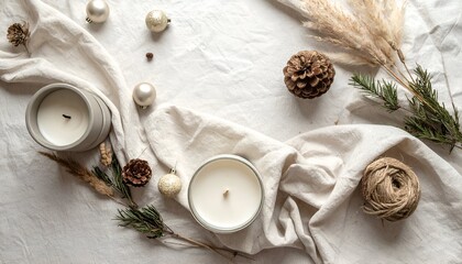 Serene arrangement of candles and natural elements on a textured fabric backdrop, evoking a cozy atmosphere