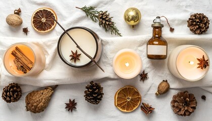 Cozy arrangement of scented candles, spices, and natural decorations on a white cloth backdrop