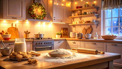 Cozy kitchen scene decorated for the holidays, featuring baking ingredients and festive ambiance
