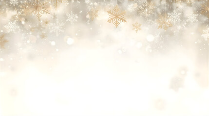 Abstract background featuring golden and white snowflakes with a bokeh effect, creating a festive and elegant winter atmosphere.