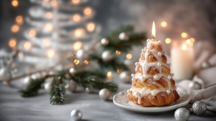 A festive croissant shaped like a Christmas tree, decorated with icing, pearls, and a lit candle. This cozy holiday pastry is set against a blurred background with bokeh lights, a fir branch, and exce