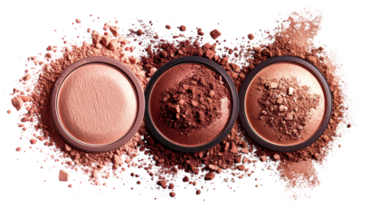 Three open cosmetic compacts with powders and loose pigment