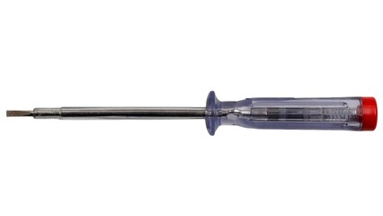 Top view of a metal voltage tester screwdriver with flat-blade tip, featuring an internal neon indicator and insulated design for checking electrical circuits and detecting live wires safely.