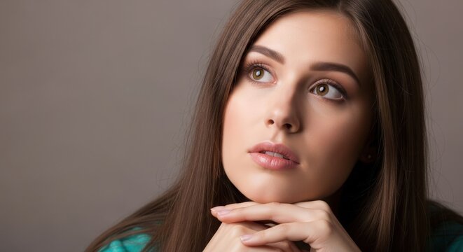 Young woman with long brown hair looks up, pondering thoughtfully