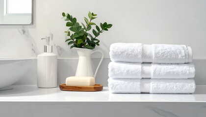 Freshly arranged white towels and a soap bar on a sleek bathroom countertop with greenery nearby