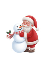 Gentle affection between a red-clad figure and snowman