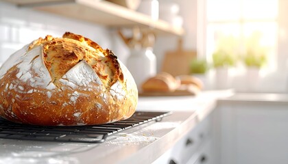 Freshly baked artisan bread cooling on a wire rack in a bright, modern kitchen with sunlight streaming in