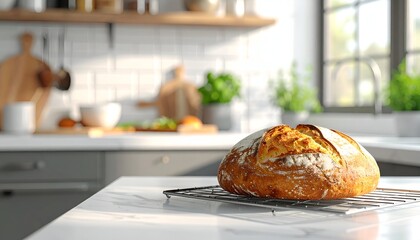 Freshly baked artisanal bread cooling on a wire rack in a modern kitchen with fresh ingredients visible