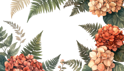 Watercolor floral frame with hydrangeas and ferns, dark center