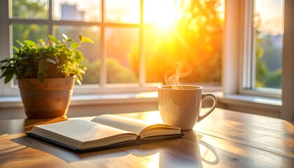 Cozy morning scene with a steaming cup of coffee beside an open book and a potted plant, sunlight streaming in