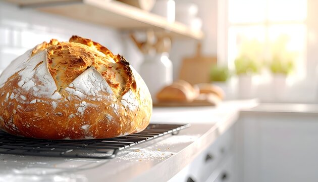 Freshly baked artisan bread cooling on a wire rack in a bright, modern kitchen with sunlight streaming in - Powered by Adobe