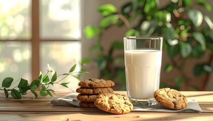 A refreshing glass of milk beside a plate of delicious cookies on a wooden table with greenery in the background