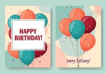 Happy birthday greeting card with colorful balloons and confetti, festive celebration design