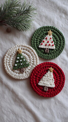 Handmade Crochet Christmas Coasters – Festive Red, Green, and White Table Decor