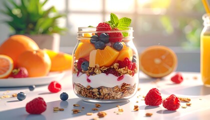 A vibrant fruit parfait in a glass jar, surrounded by fresh oranges and raspberries on a sunlit table