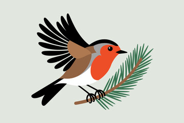 Obraz premium Charming robin bird with outstretched wings perches on a pine branch, a symbol of nature and the outdoors.