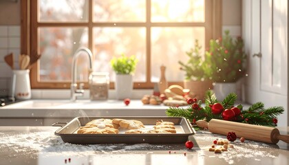 Cozy kitchen scene with freshly baked cookies on a tray, festive decorations, and sunlight streaming in