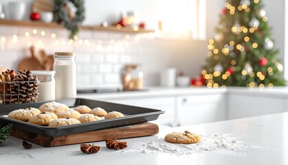 Freshly baked cookies on a kitchen countertop with festive decorations and a Christmas tree in the background
