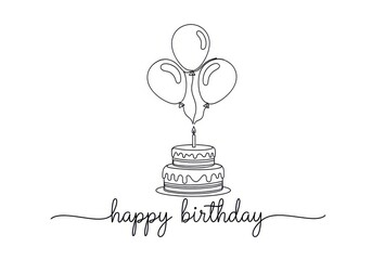 Handdrawn illustration of a birthday cake with a candle and balloons