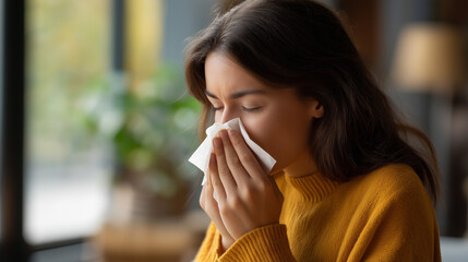 Faceless young woman with flu blowing nose using tissue defocused indoor background managing symptoms seeking relief cold or allergy season autumn winter illness respiratory