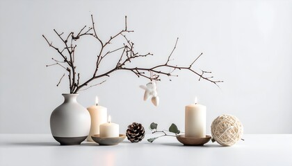 A serene arrangement of candles, a vase with branches, and decorative elements on a minimalist table setting