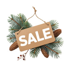 Flat lay sale sign among pine branches and cones