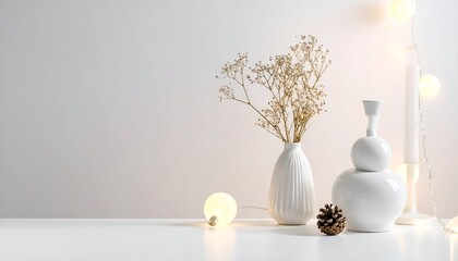 Minimalistic interior scene featuring decorative vases and dried flowers with soft lighting ambiance