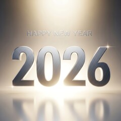 Happy new year 2026 with silver metallic numbers on a bright background