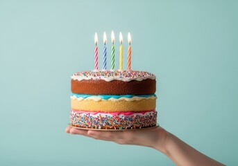 A delicious threelayer birthday cake with lit candles held by a hand against a light blue background