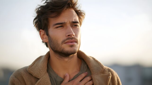 A contemplative man with a textured jacket hand on chest gazes thoughtfully away during a serene golden hour sunset - Powered by Adobe
