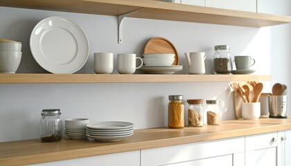 Modern kitchen shelf displaying an organized arrangement of dishes, cups, and cooking utensils in a bright setting