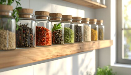 Colorful spice jars arranged on a wooden shelf, showcasing various spices with natural light illuminating the scene