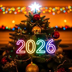 Festive christmas tree decorated with ornaments and 2026 neon sign on it