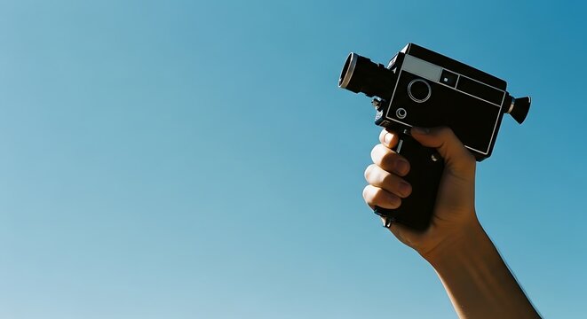 Hand holding a vintage super 8 camera against a clear blue sky background - Powered by Adobe