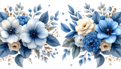 Floral border featuring blue and cream blooms with delicate foliage and embellishments