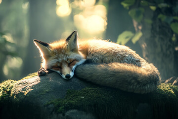 Obraz premium Generative AI image of a peaceful red fox sleeping in the summer forest with a delicate butterfly resting on its head in warm natural light