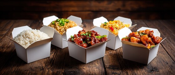 Delicious Chinese Takeout Dishes on a Wooden Table