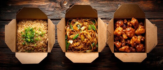 Classic Chinese Takeout Meal on Dark Rustic Wood