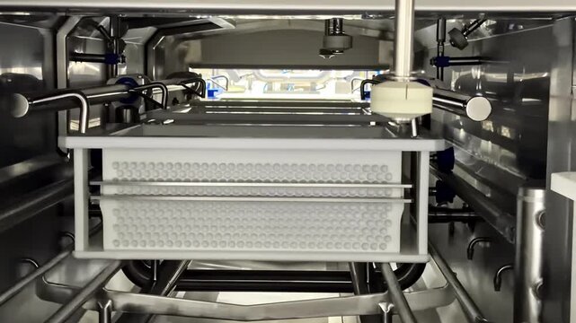 Industrial machinery interior with metal components in motion
