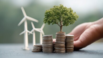Sustainable investing for future growth with a tree growing from money and wind turbines representing green energy sources, creating wealth
