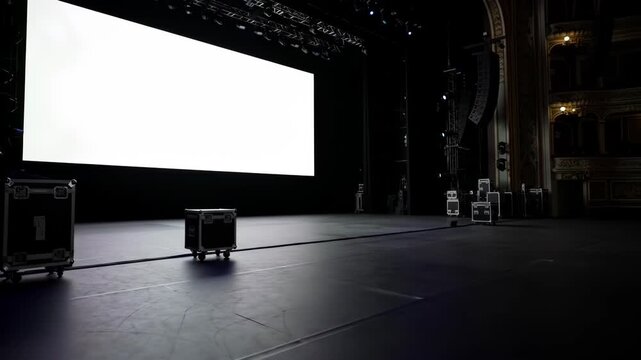 Theater stage, empty, awaiting production with lighting and cases, historical architecture background