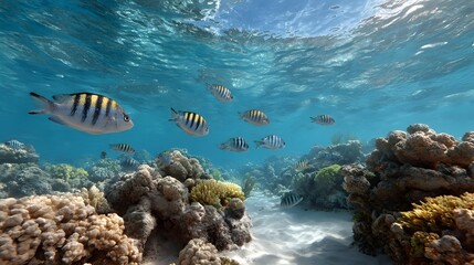 A school of sergeant major fish swims over a vibrant coral reef in clear turquoise ocean water with sunlight filtering through the surface