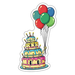 A whimsical cartoon birthday cake with multiple tiers, faces, and lit candles, holding a bunch of colorful balloons.