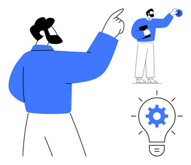 Two professionals exchanging innovative ideas, outlined bulb with gear highlights ingenuity. Ideal for teamwork, strategy, creativity, leadership, innovation, problem-solving, brainstorming