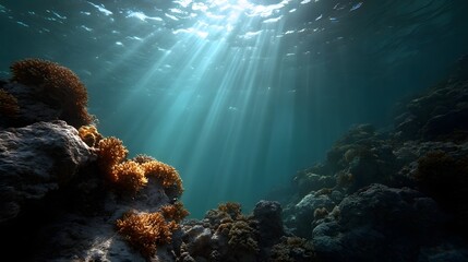 Obraz premium Sunlight streams through the ocean illuminating a vibrant coral reef ecosystem below the surface