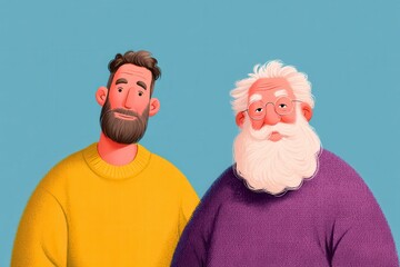 Friendly adult men illustration featuring a younger man and an older bearded man in colorful sweaters