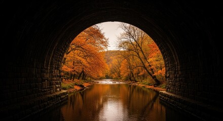 Naklejka premium Autumn River Landscape Framed by a Dark Stone Archway