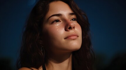 Fototapeta premium Young woman with tears on her face looking up into the night sky