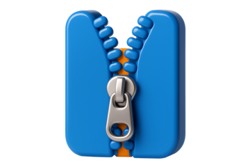 Modern Graphic Design Element: Vibrant Blue and Chrome Zipper Pull on a Partially Unzipped Track, Isolated on White Background.